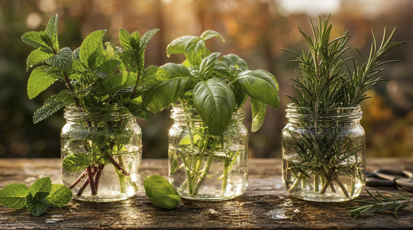 Butași de plante aromatice înrădăcinați în apă